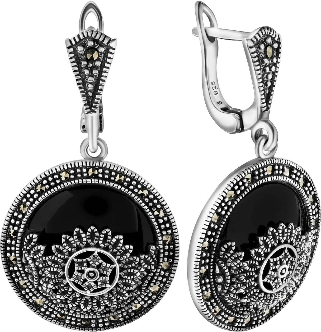 Серебряные серьги Марказит HE1343-oniks-mr c марказитом, ониксом, cо Swarovski