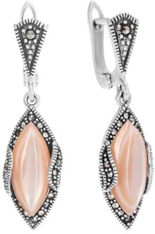 Серебряные серьги Марказит HE1411-perlamutr-rozovyj-mr c марказитом, перламутром, cо Swarovski