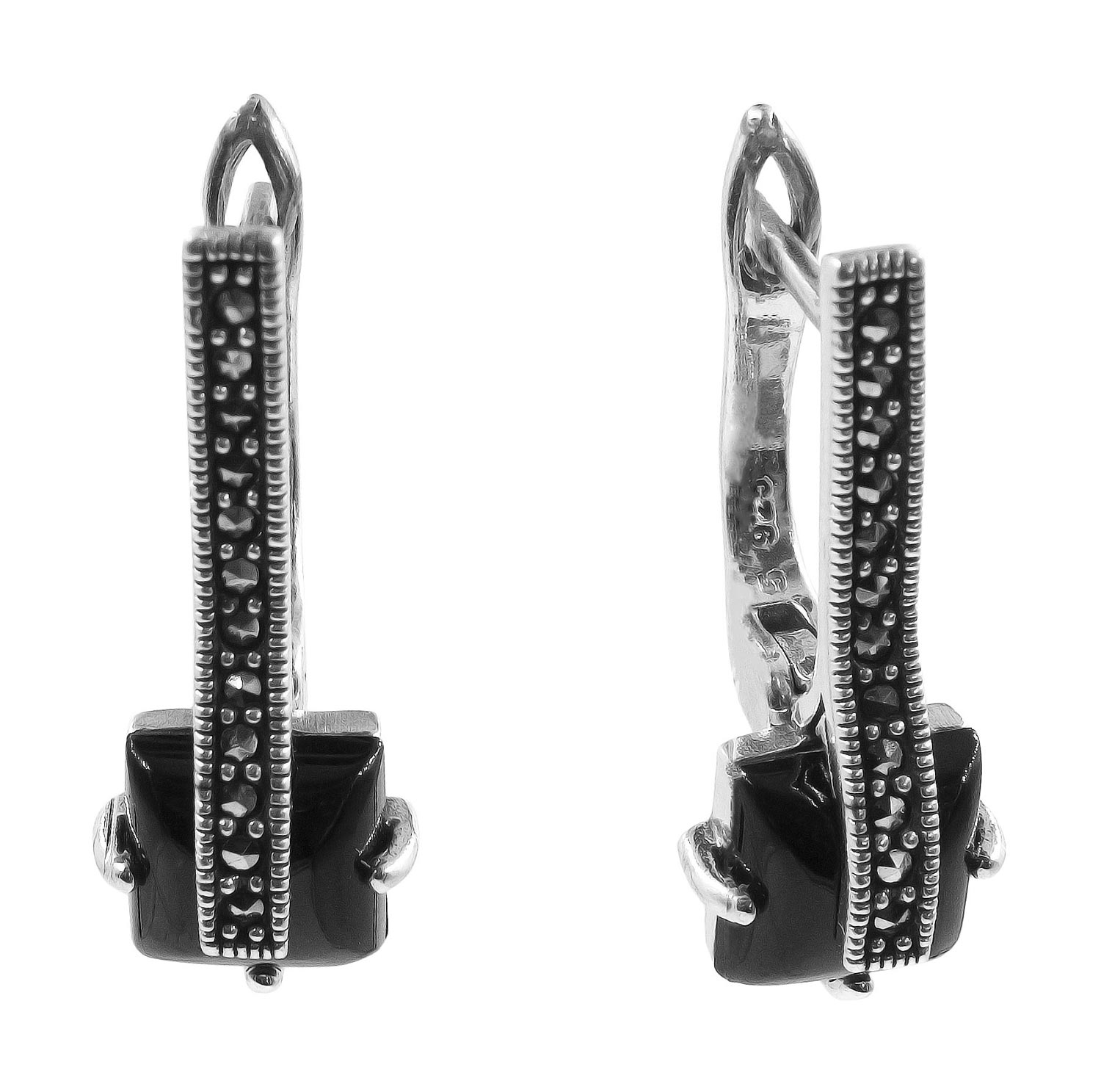 Серебряные серьги Марказит HE1658-hrizopraz-mr с ониксами, марказитами Swarovski