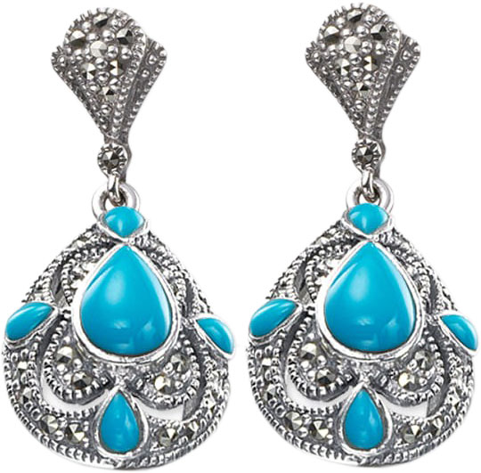 Серебряные серьги с подвесками Марказит HE591-birjuza-mr с бирюзой, марказитами Swarovski