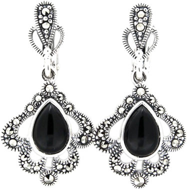 Серебряные серьги с подвесками Марказит HE792-mr с ониксами, марказитами