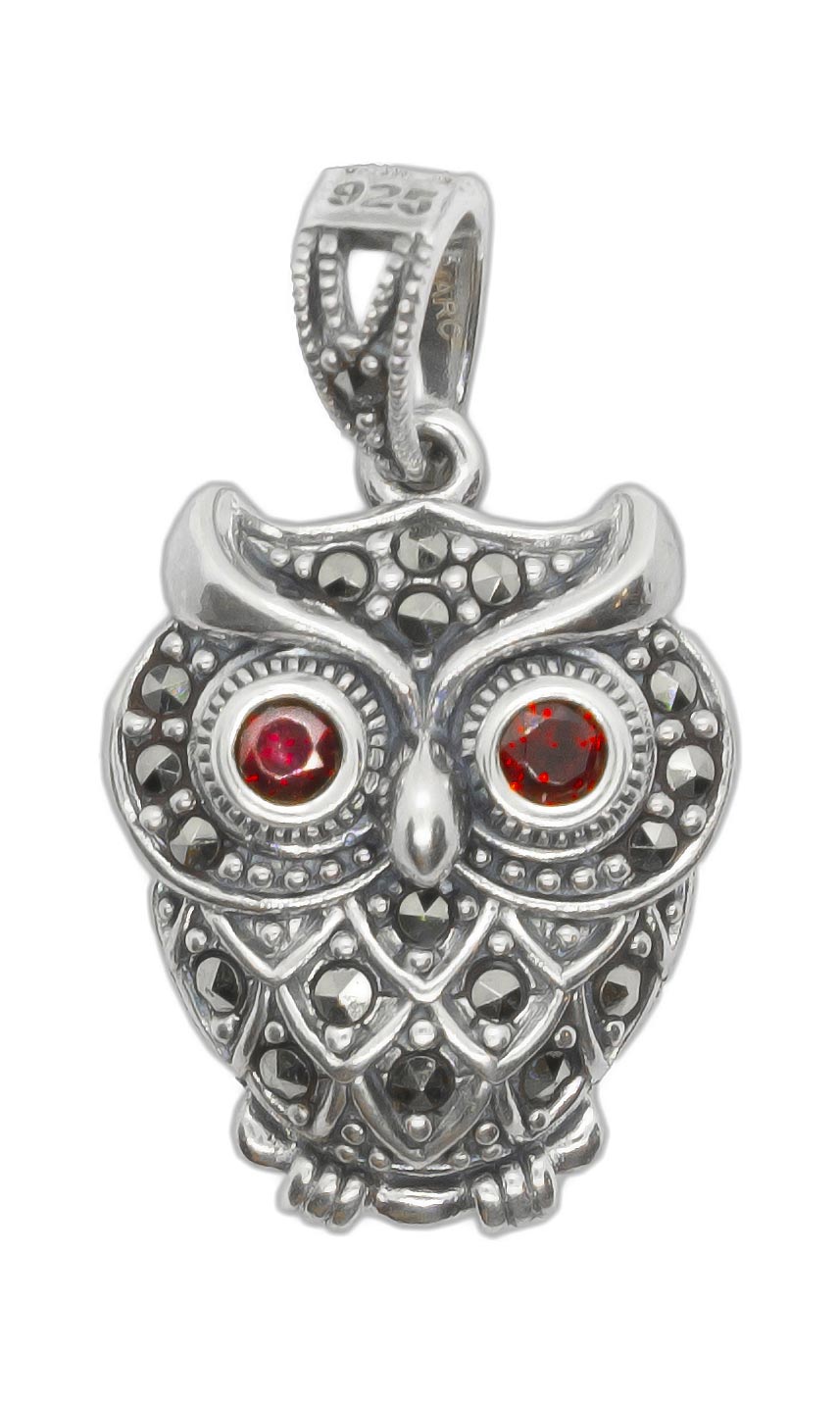 Серебряная подвеска ''Сова'' Марказит HP0643-granat-mr с гранатами, марказитами