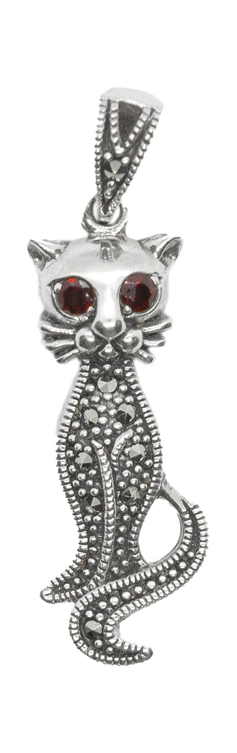 Серебряная подвеска ''Кошка''Марказит HP1274-granat-mr с гранатами, марказитами