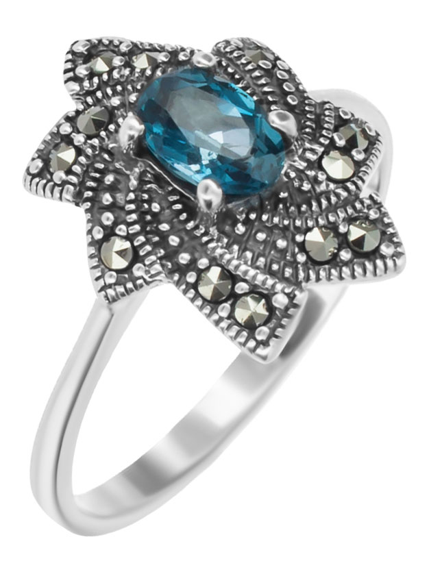 Серебряное кольцо Марказит HR1006-topaz-london-mr с Лондон топазом, марказитами Swarovski