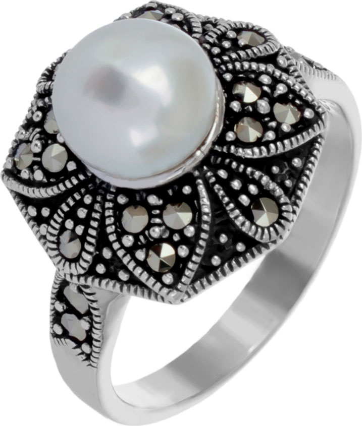 Серебряное кольцо Марказит HR1221-zhemchug-mr с марказитами, жемчугом