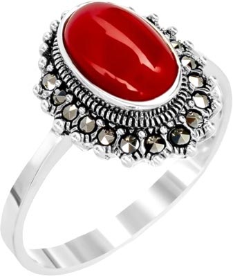 Женский серебряный перстень Марказит HR1265-korall-mr с кораллом, марказитами