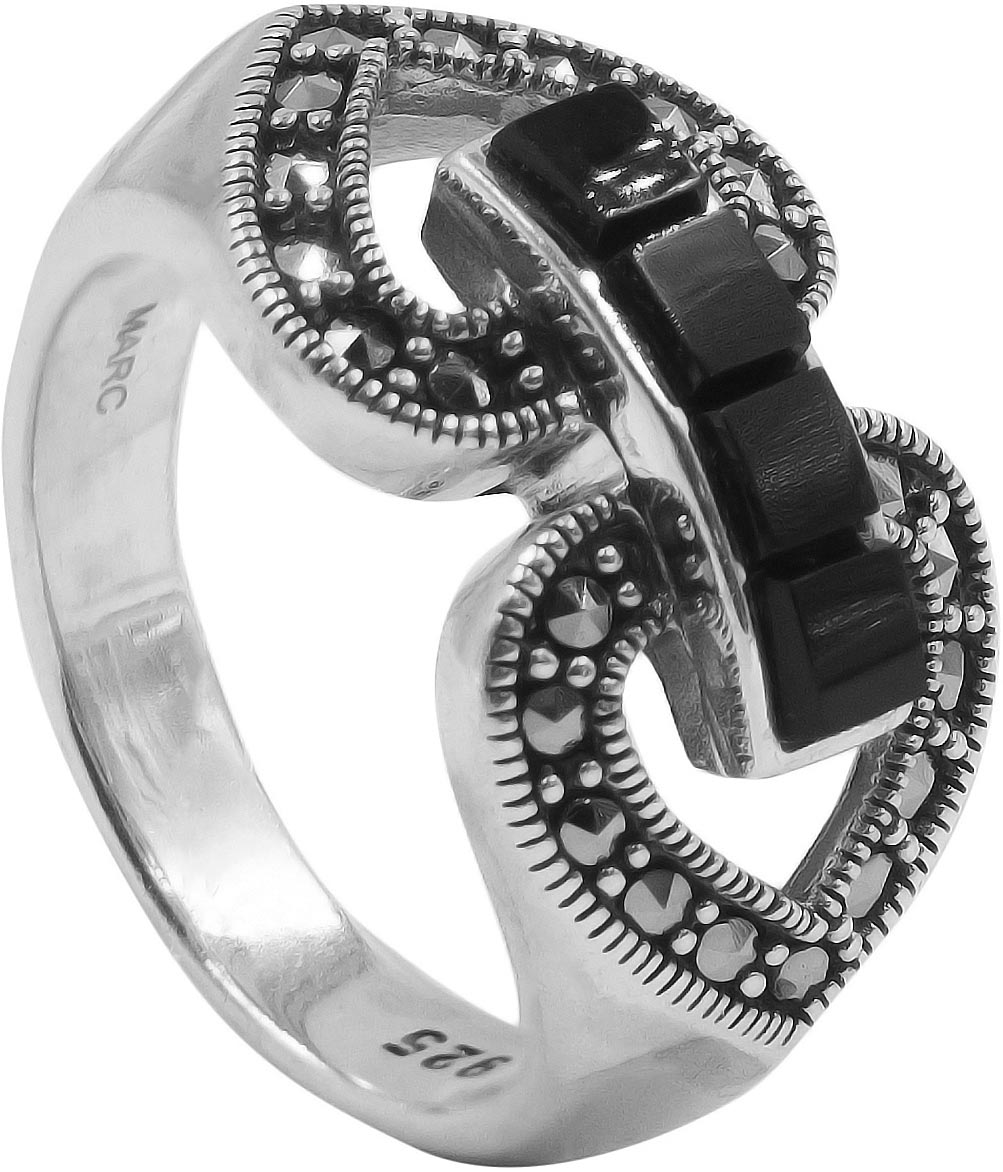 Женский серебряный перстень Марказит HR1871-oniks-mr с ониксами, марказитами Swarovski