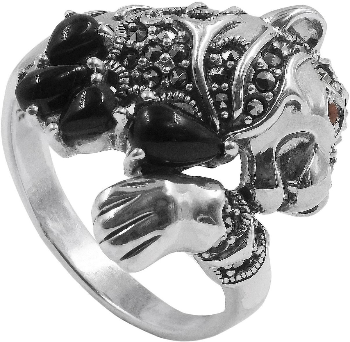 Серебряное кольцо Марказит HR1875-oniks-mr с гранатом, ониксом, марказитами Swarovski