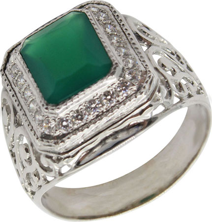 Мужская серебряная печатка перстень Маршал KM-46/2-zelenyj-agat с агатом, фианитами