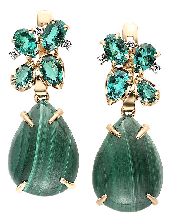 Золотые серьги капельки Мастер Бриллиант 02-1-359-2101-011 с малахитом, гидротермальными изумрудами, фианитами