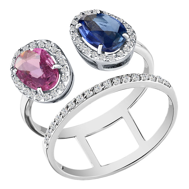 Кольцо из белого золота Мастер Бриллиант 1-208716-03-57 с голубым сапфиром, розовым сапфиром, бриллиантами