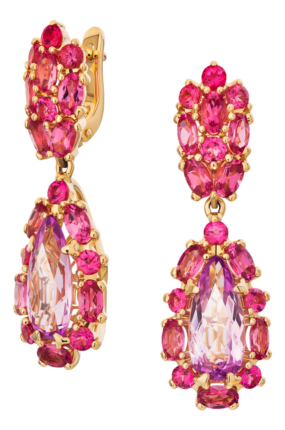 Золотые серьги капельки с подвесками ''Восхищение'' Maxim Demidov 2-04143 с кунцитами, шпинелью