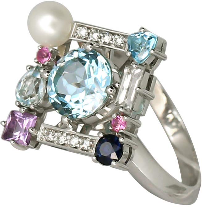 Золотое кольцо Mikhail Milyutin 002.KB/21 с бриллиантами, сапфирами, топазами, аметистом, жемчугом