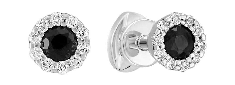 Серьги пусеты-гвоздики из белого золота MIUZ Diamonds E01-34056-SC-W с черными сапфирами, бриллиантами