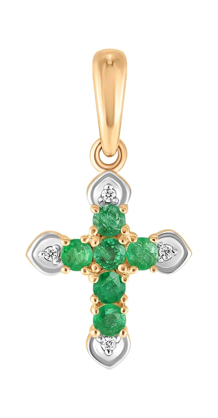 Золотой декоративный крестик Лукас J01-D-SS-35494-EM-r с изумрудами, бриллиантами