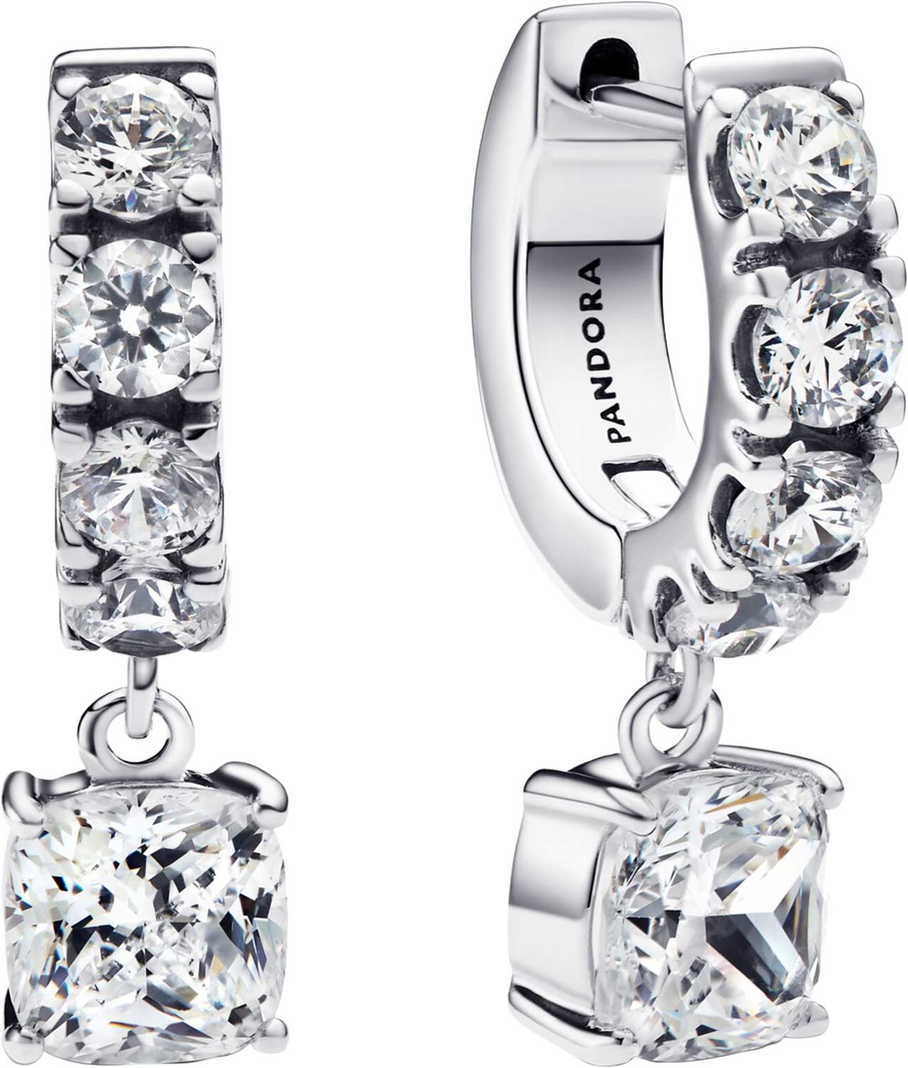 Серебряные серьги хаггисы с подвесками PANDORA 293547C01 с фианитами