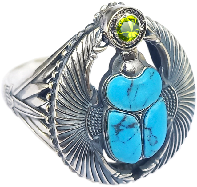 Мужской серебряный перстень ''Скарабей'' Persian KS001-BIRJUZA-HRIZOLIT с бирюзой, хризолитом