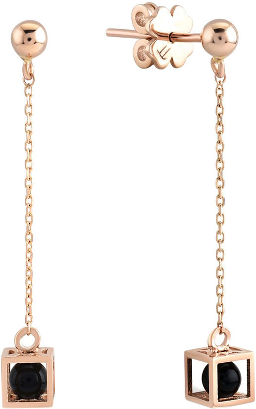 Золотые длинные серьги ''Куб'' PIANO PXE0087-r с ониксами