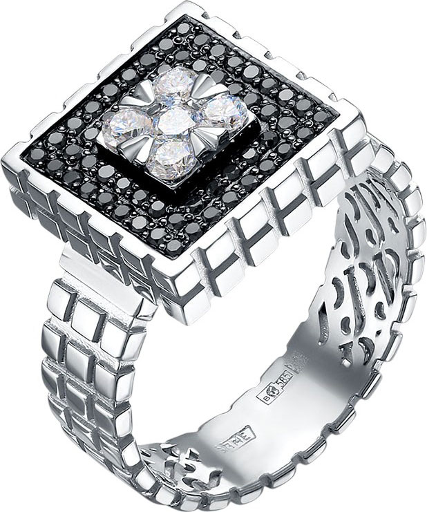 Женский перстень из белого золота Platika 1-0697504-215 с бриллиантами, черными бриллиантами