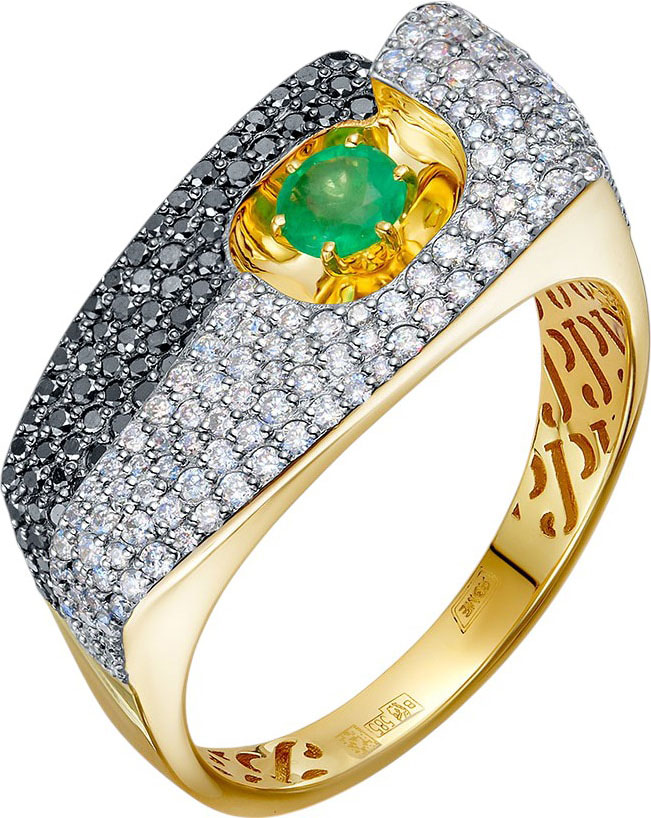 Женский золотой перстень Platika 1-1296504-350 с бриллиантами, черными бриллиантами, изумрудами