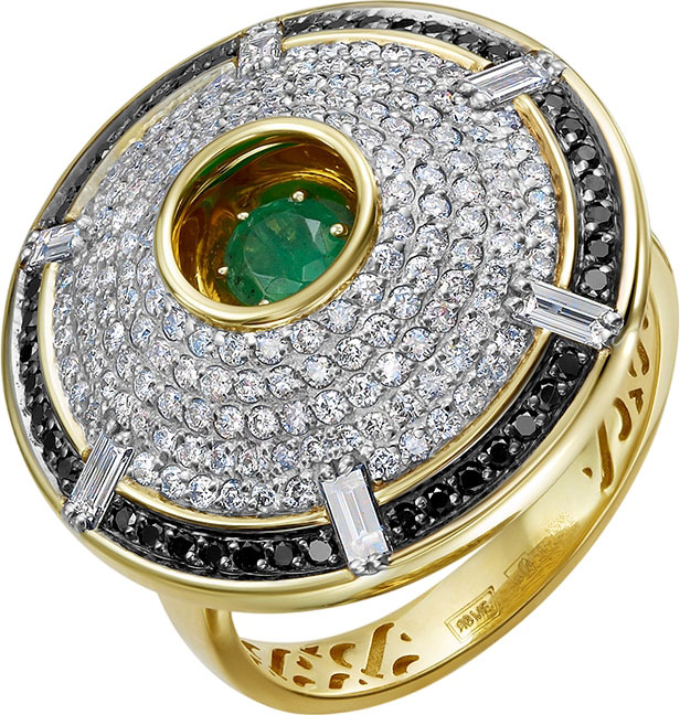 Женский золотой перстень Platika 1-1337504-353 с бриллиантами, изумрудами, черными бриллиантами