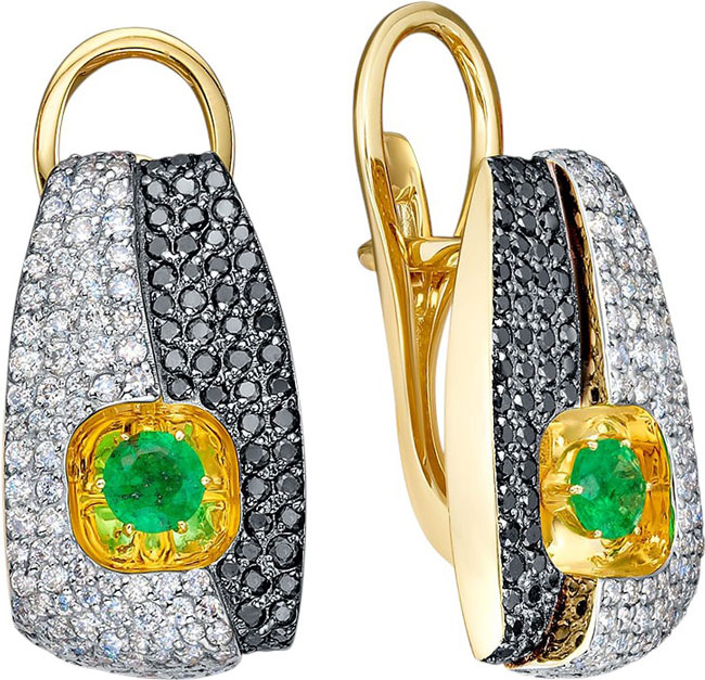 Золотые серьги Platika 2-1296504-350 с бриллиантами, черными бриллиантами, изумрудами