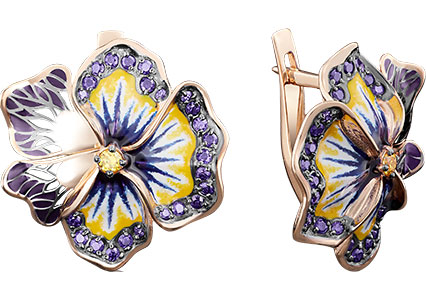 Золотые серьги ''Анютины глазки'' PLATINA Jewelry 02-3719-00-404-1110-65 c эмалью, фианитами