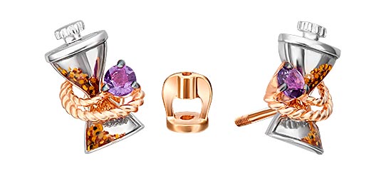 Золотые серьги пусеты-гвоздики ''Песочные часы'' PLATINA Jewelry 02-4873-00-203-1111 с эмалью, аметистами
