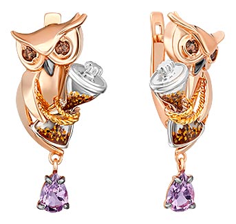 Золотые серьги ''Совушки'' PLATINA Jewelry 02-4874-00-716-1140 с эмалью, аметистами, дымчатым кварцем