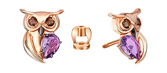 Золотые серьги пусеты-гвоздики ''Совушки'' PLATINA Jewelry 02-4877-00-716-1110 с аметистами, дымчатым кварцем