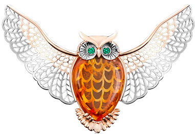 Золотая брошь ''Сова'' PLATINA Jewelry 04-0145-00-272-1110-46 с янтарем, фианитами