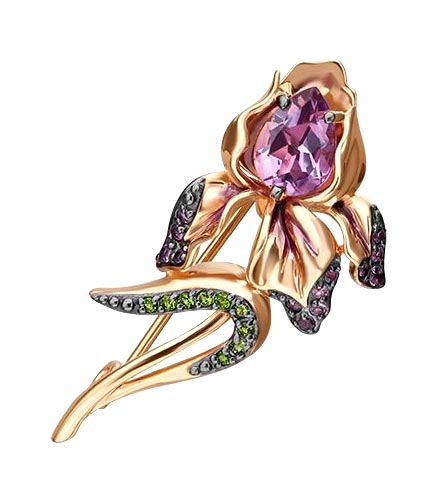 Золотая брошь ''Ирис'' PLATINA Jewelry 04-0249-00-709-1110-57 с эмалью, аметистами, хромдиопсидами