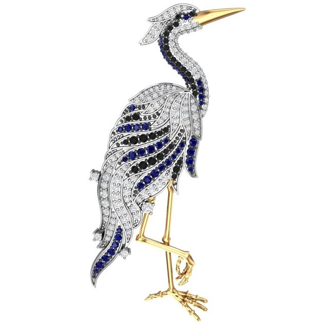 Серебряная брошь ''Цапля'' POKROVSKY 2700042-03405 с фианитами, черными фианитами