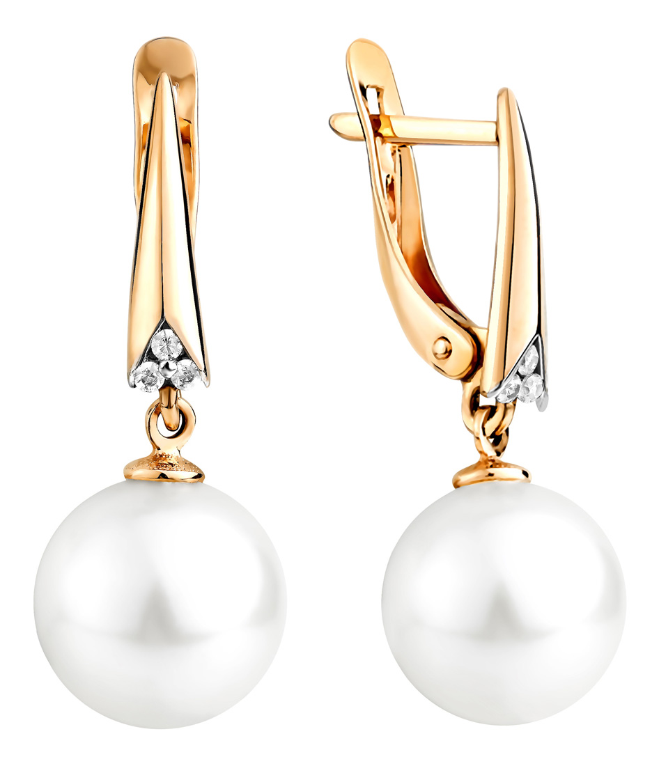 Золотые серьги шарики Prima Exclusive 290-1-1012R-brilliant с жемчугом Южных морей, бриллиантами
