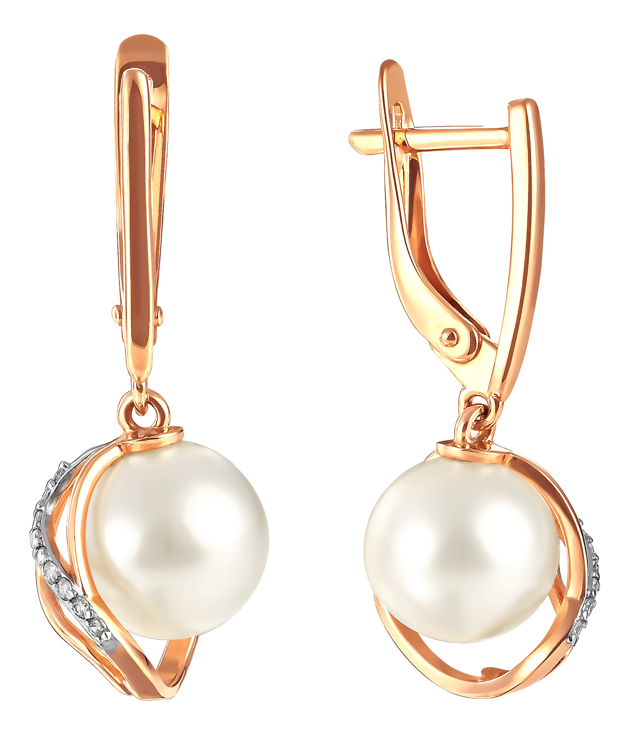 Золотые серьги с подвесками Prima Exclusive 290-1-1021R с жемчугом, фианитами