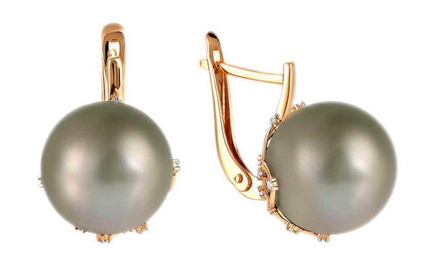 Золотые серьги шарики Prima Exclusive 290-1-1061R с жемчугом Южных морей, фианитами
