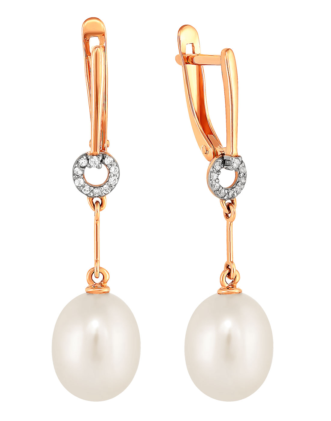 Золотые серьги с подвесками Prima Exclusive 290-1-824R с жемчугом, фианитами