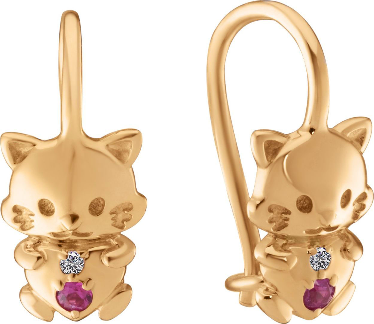 Детские золотые серьги ''Кошки'' Primo Prezioso 02-P0672-01-111-01-00 с бриллиантами, рубинами