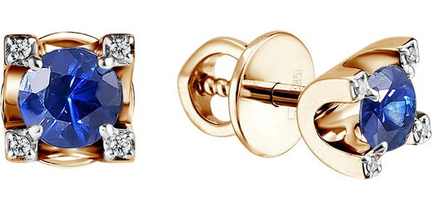 Золотые серьги пусеты-гвоздики Primo Prezioso 09-P0060-01-009-01-01 с бриллиантами, сапфирами
