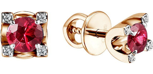 Золотые серьги пусеты-гвоздики Primo Prezioso 09-P0060-01-011-01-01 с бриллиантами, рубинами