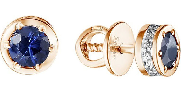 Золотые серьги пусеты-гвоздики Primo Prezioso 09-P0062-01-012-01-01 с бриллиантами, сапфирами