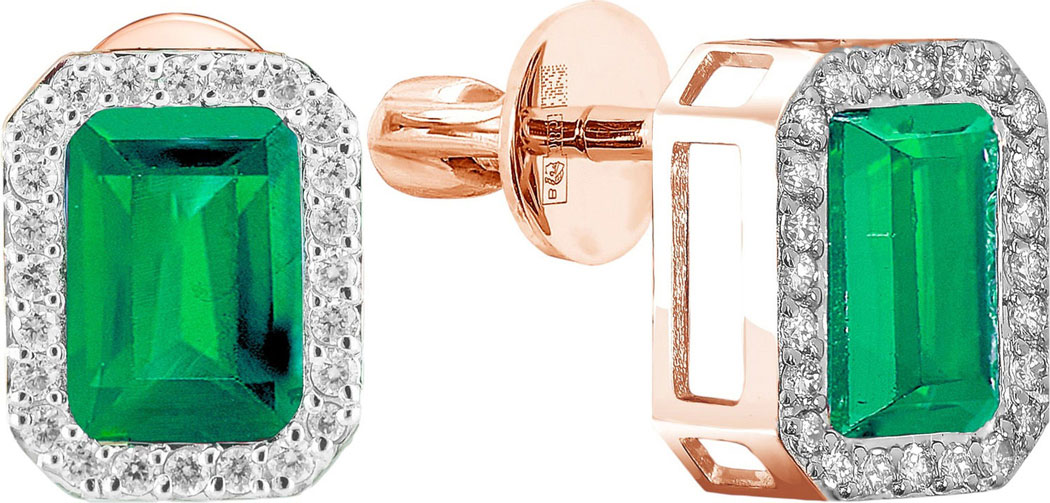 Золотые серьги пусеты-гвоздики Primo Prezioso 09-P0603-01-110-01-01 с бриллиантами, изумрудами