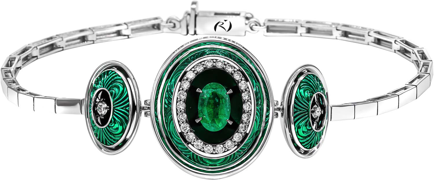 Глидерный браслет из белого золота Ringo  ZBR-19019-W с бриллиантами, изумрудами