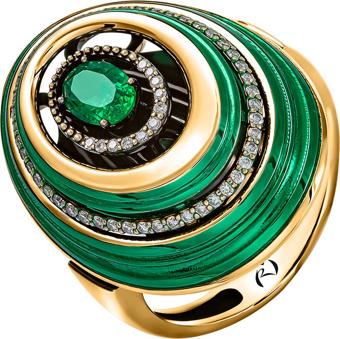 Женский золотой перстень Ringo ZK-10069-Y с эмалью, изумрудом, бриллиантами