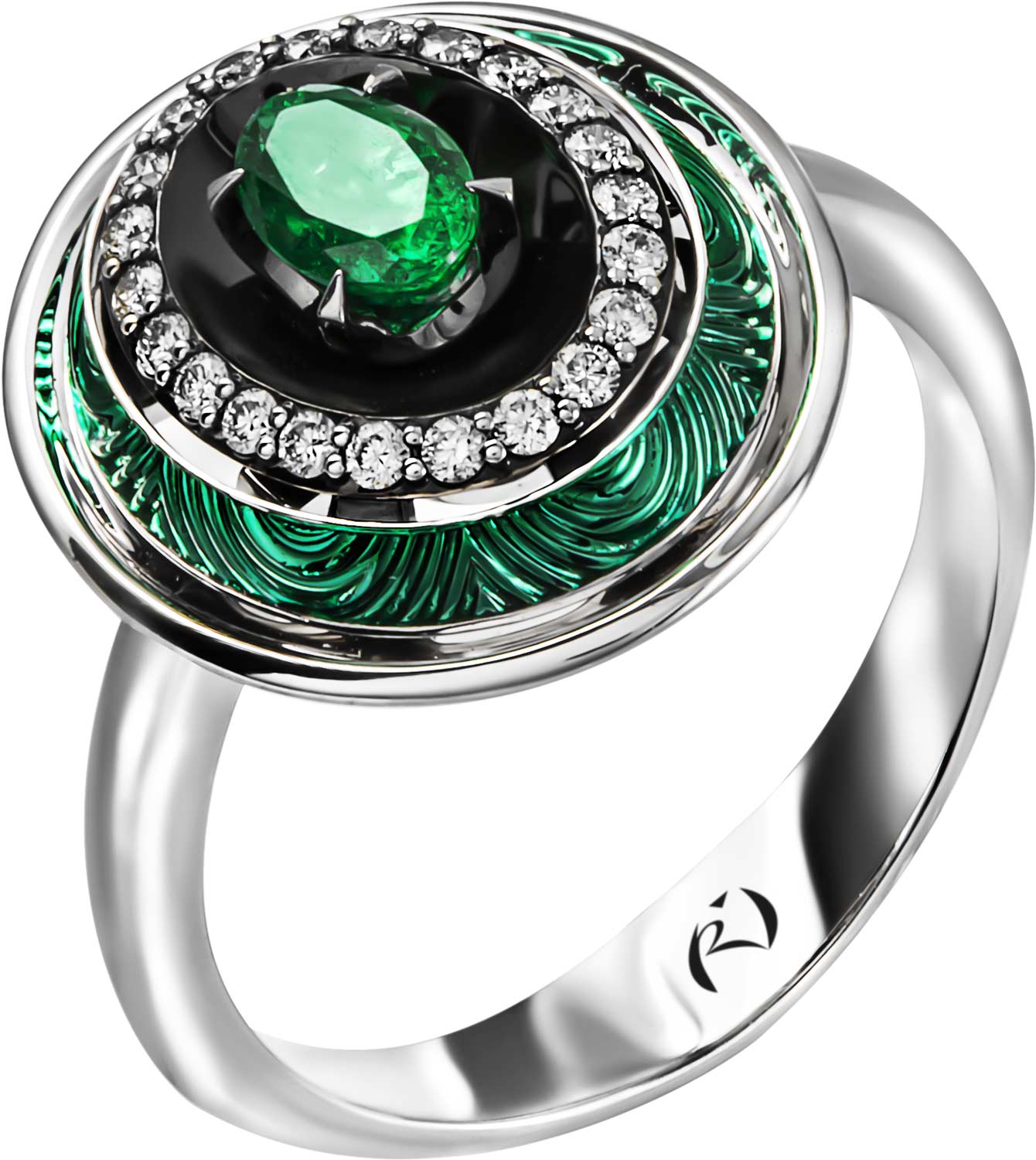 Женский перстень из белого золота Ringo ZK-10089-W с эмалью, изумрудом, бриллиантами