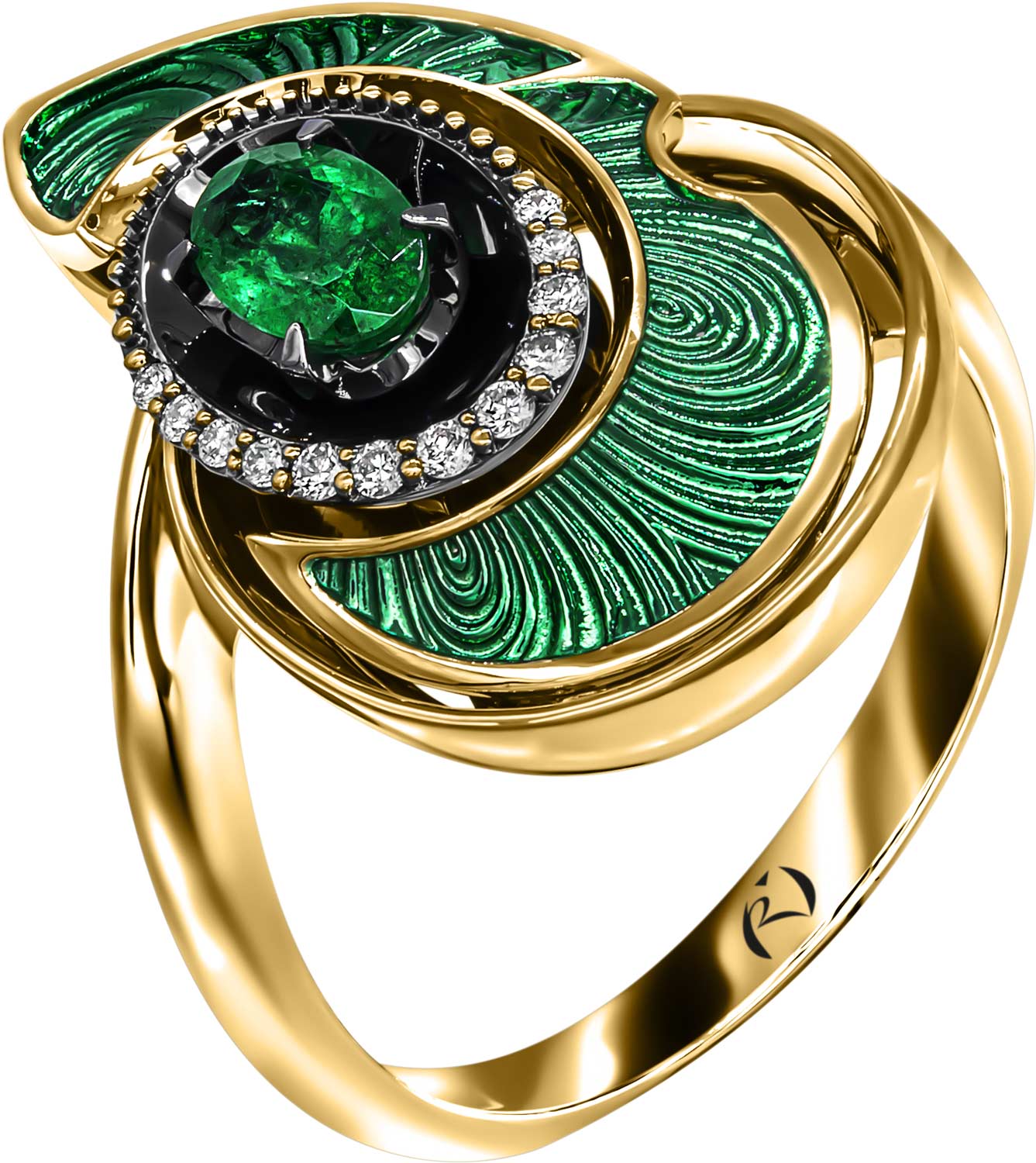 Женский золотой перстень Ringo ZK-10091-Y с эмалью, изумрудом, бриллиантами