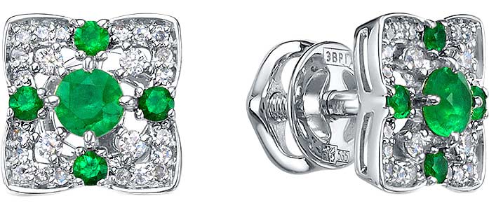 Серьги пусеты-гвоздики из белого золота RoseGrace 5-7045-103-2B-IZ с изумрудами, бриллиантами