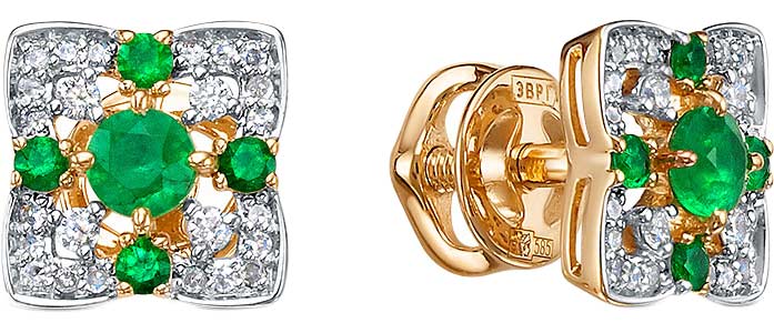 Золотые серьги пусеты-гвоздики RoseGrace 5-7045-103-2K-IZ с изумрудами, бриллиантами