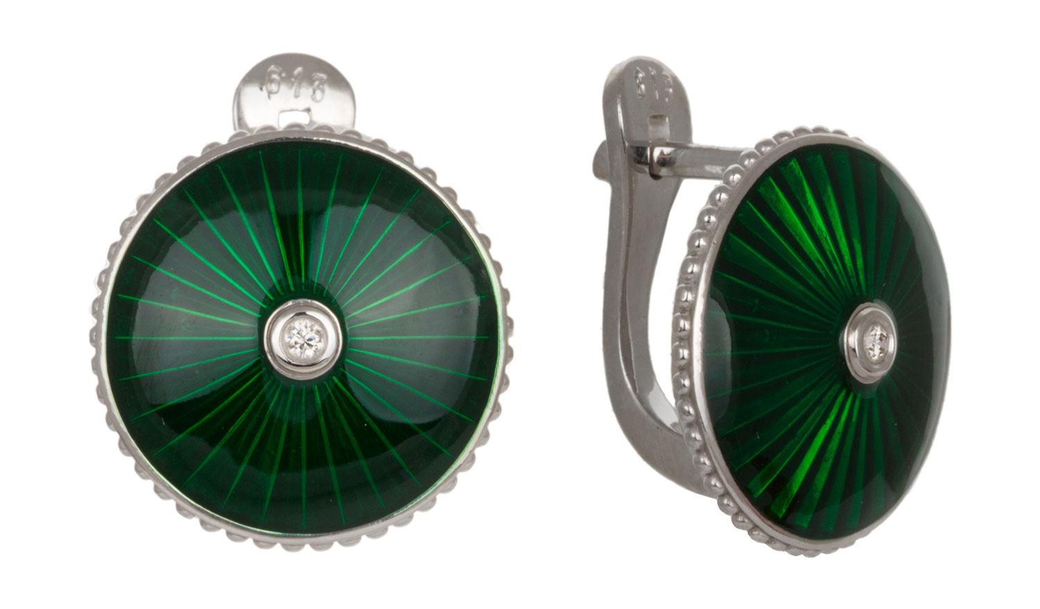 Серебряные серьги круглые Русские Самоцветы 73575-S-zelenyj-rs с бриллиантами, эмалью