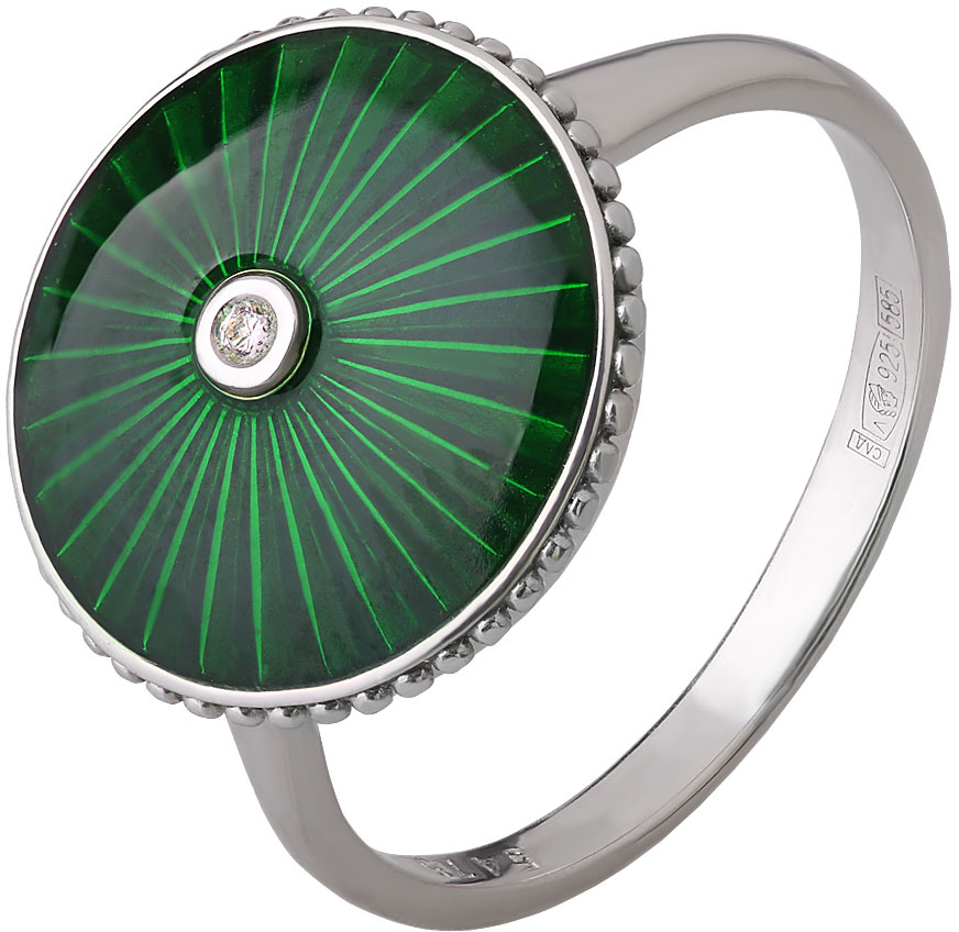 Серебряное кольцо Русские Самоцветы 73576-S-zelenyj-rs с бриллиантом, эмалью